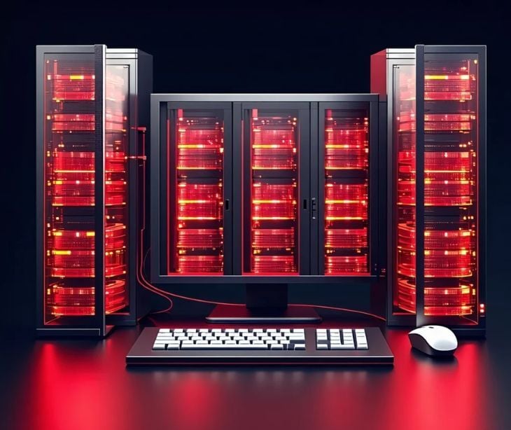 red computer database with keyboard and mouse