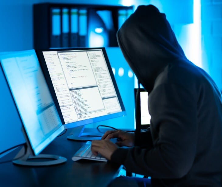 Image of a hooded figure on a computer. 