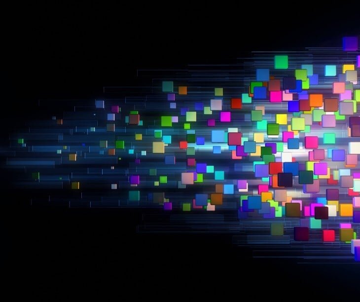Image of colored pixels floating. 