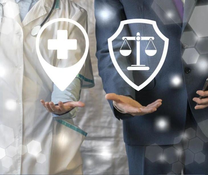 doctor and lawyer with medical and legal symbols