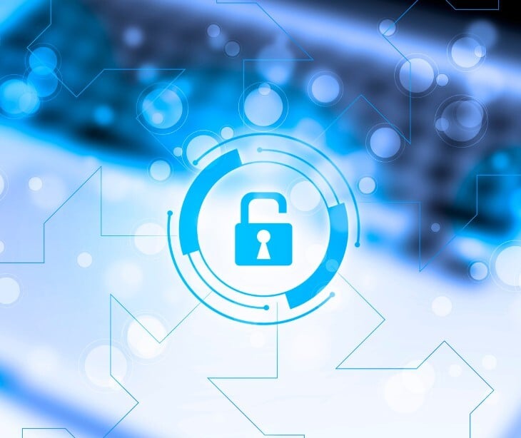 Image of a blue digital lock over a computer.