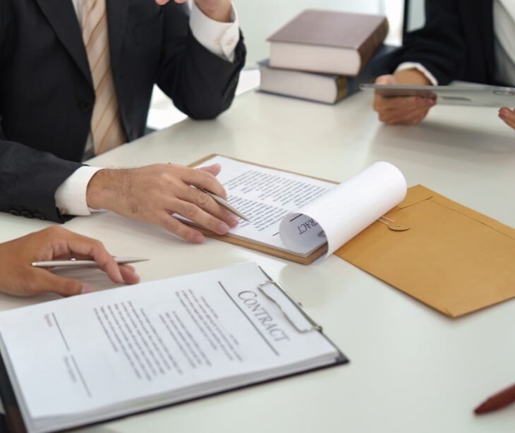 Image of several people analyzing paperwork. 