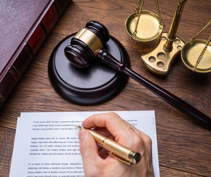 Image of a hand hovering over a document with a gavel and hammer nearby.