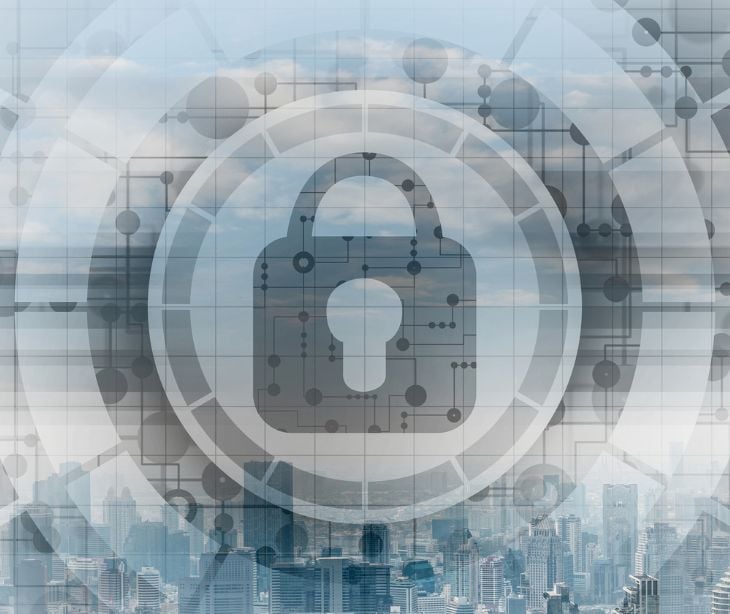 grey security lock over city skyline