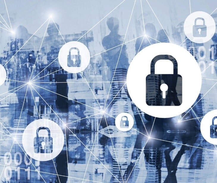 Image of locks overlayed on a cityscape. 