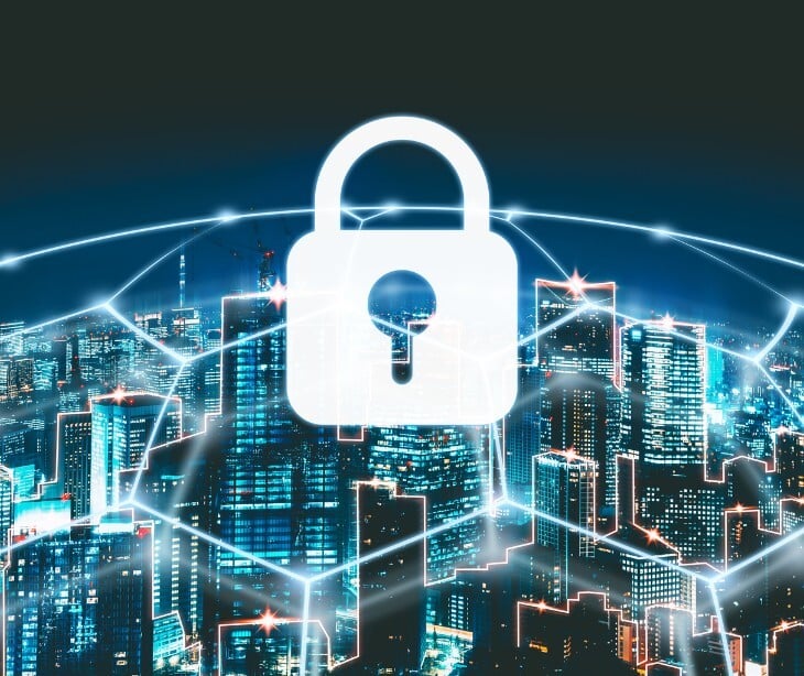 Image of a lock emoticon placed over a city. 