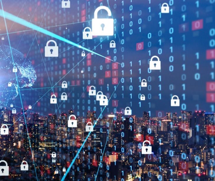 digital lock icons over city