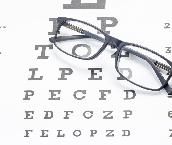Image of eye glasses and a vision test. 