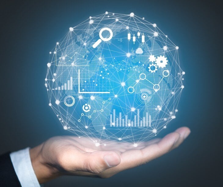 Image of globe with different digital graphics, like graphs, for blog about What is data rights management?