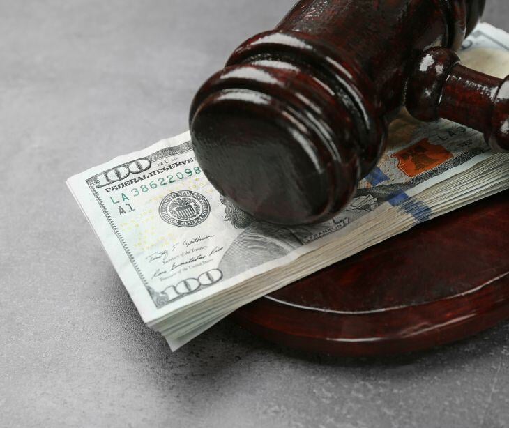 law gavel on stack of money bills