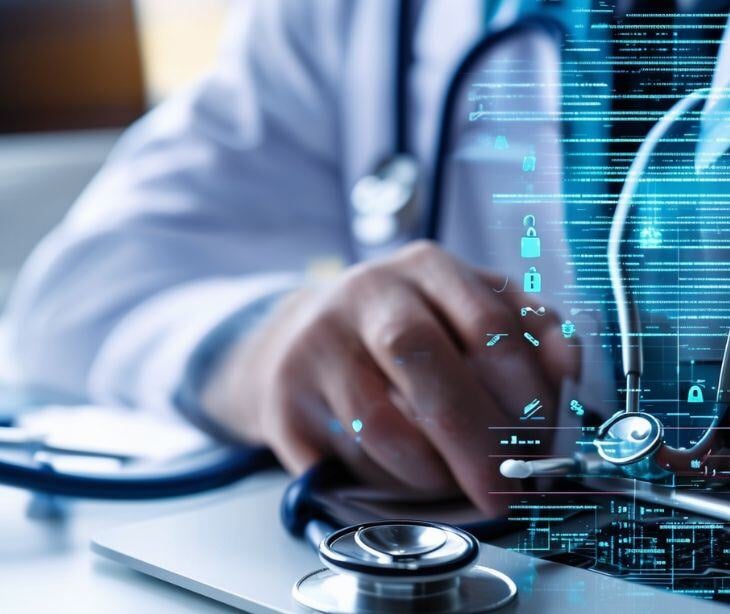 physician with digital floating data graphic for post September 2024 healthcare data breach insights