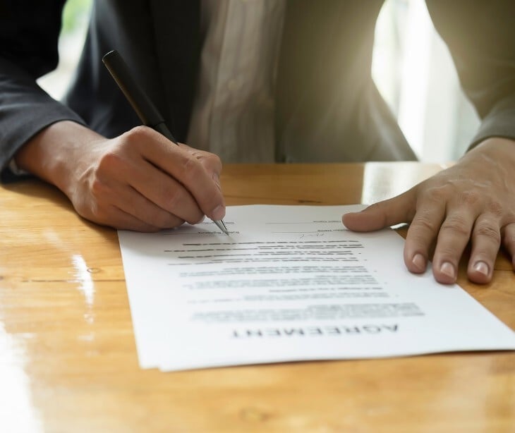 Image of an individual signing a document that reads 