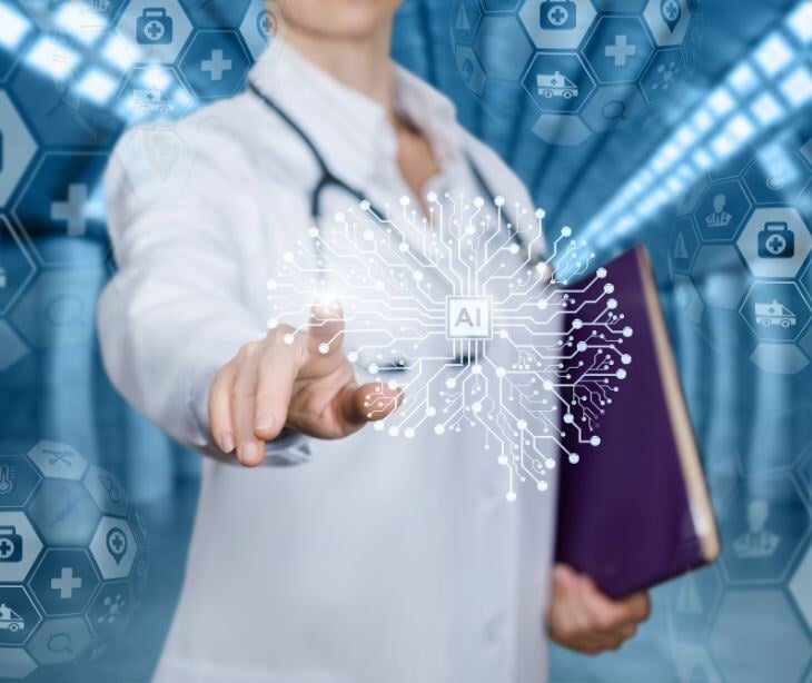 healthcare worker touching AI icon