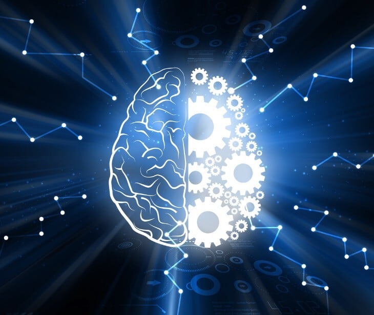 Image of a brain that is half machine and half normal. 