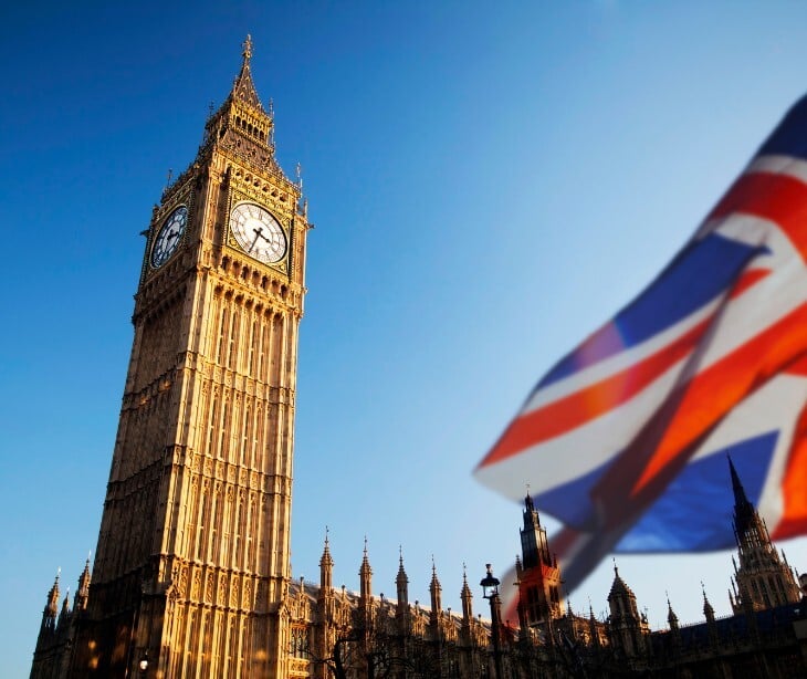 Image of the UK flag and iconic clock. 