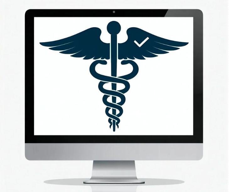 caduceus with checkmark on computer screen